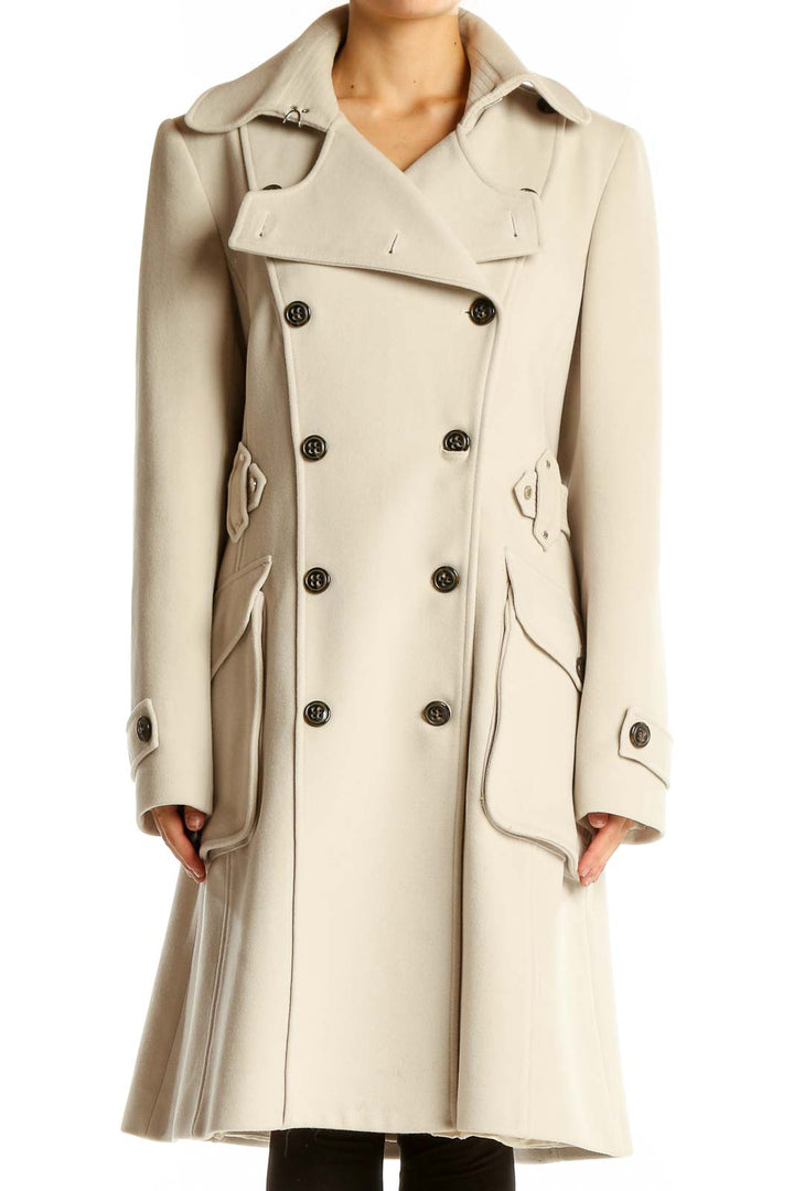 Front view of Karen Millen cream double-breasted wool blend coat