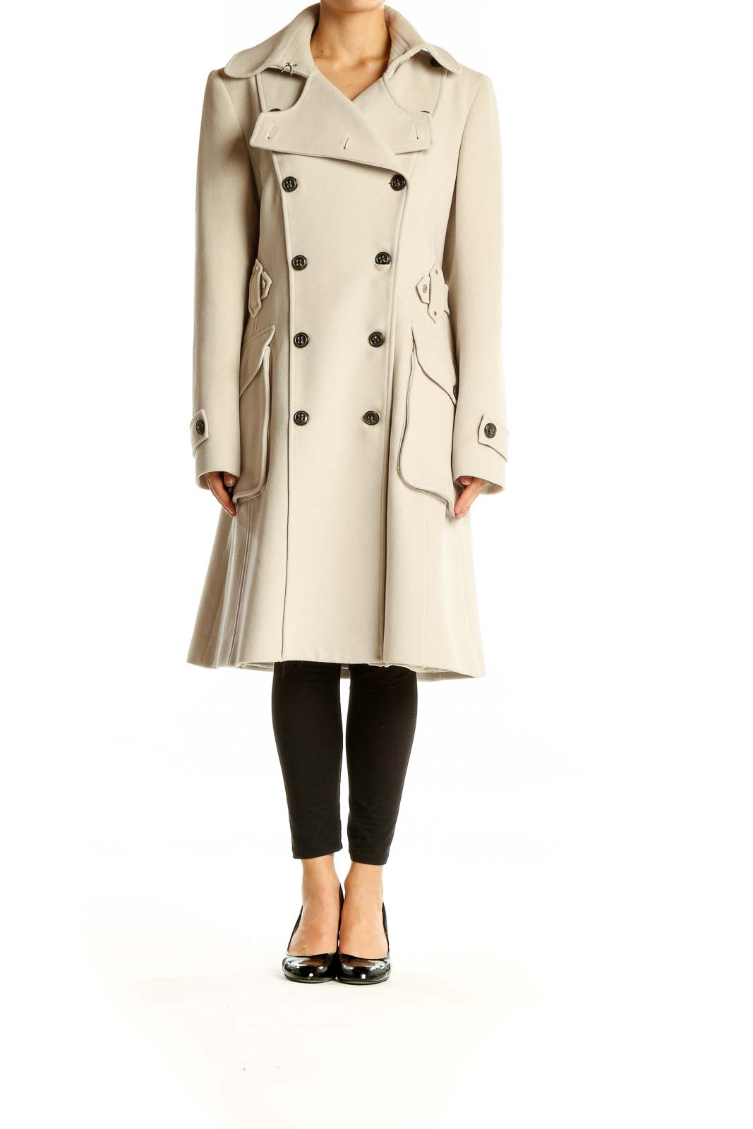 Front view of Karen Millen cream double-breasted wool blend coat