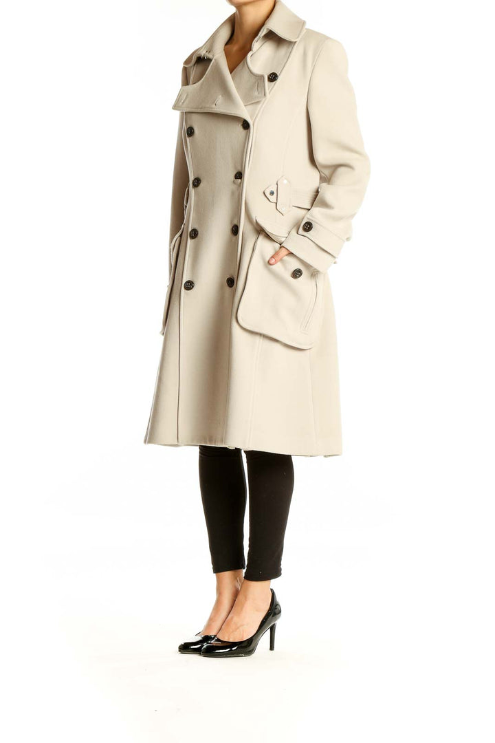 Front view of Karen Millen cream double-breasted wool blend coat