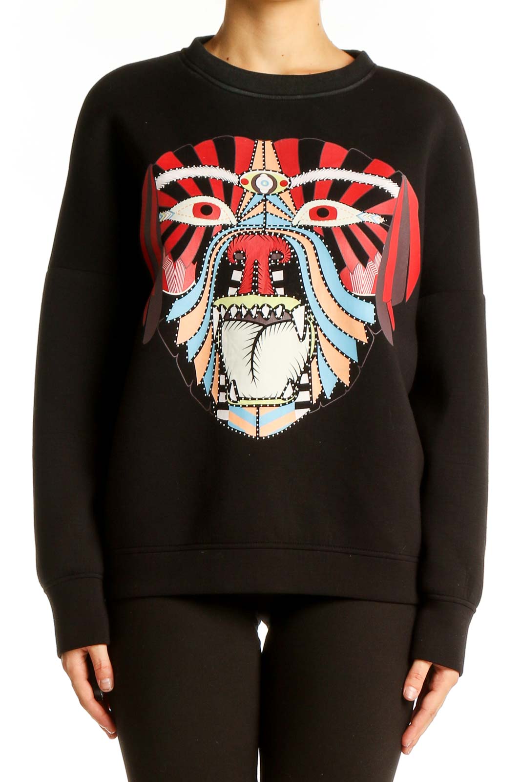 Front view of black SilkRoll sweatshirt with colorful tribal-inspired graphic print