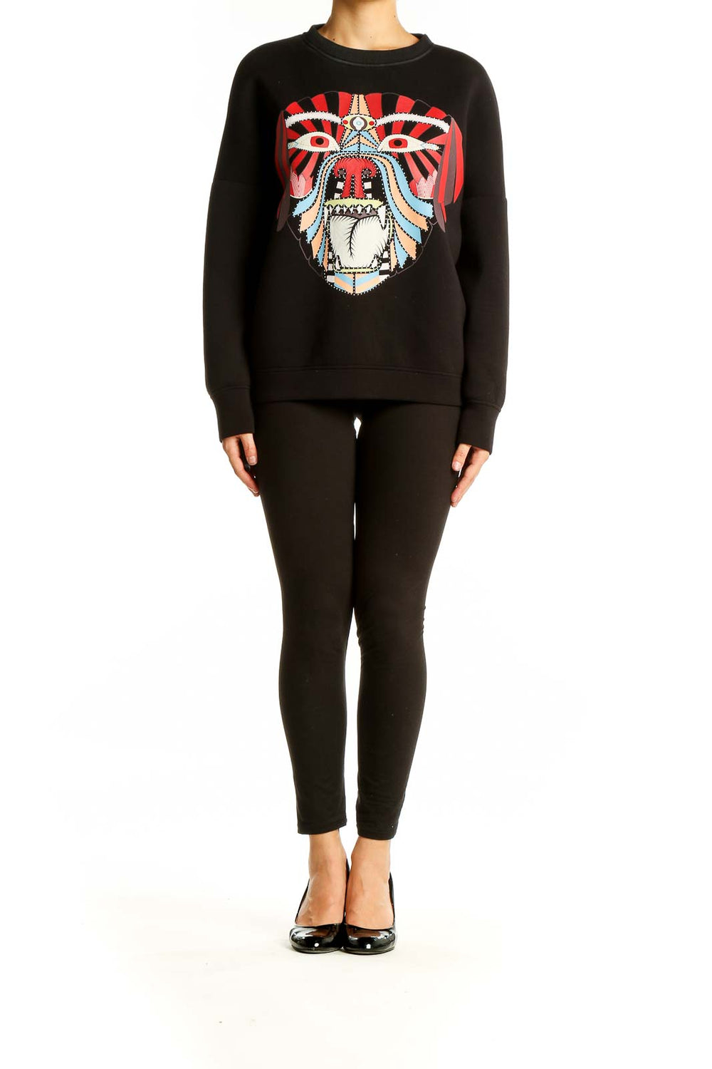 Front view of black SilkRoll sweatshirt with colorful tribal-inspired graphic print