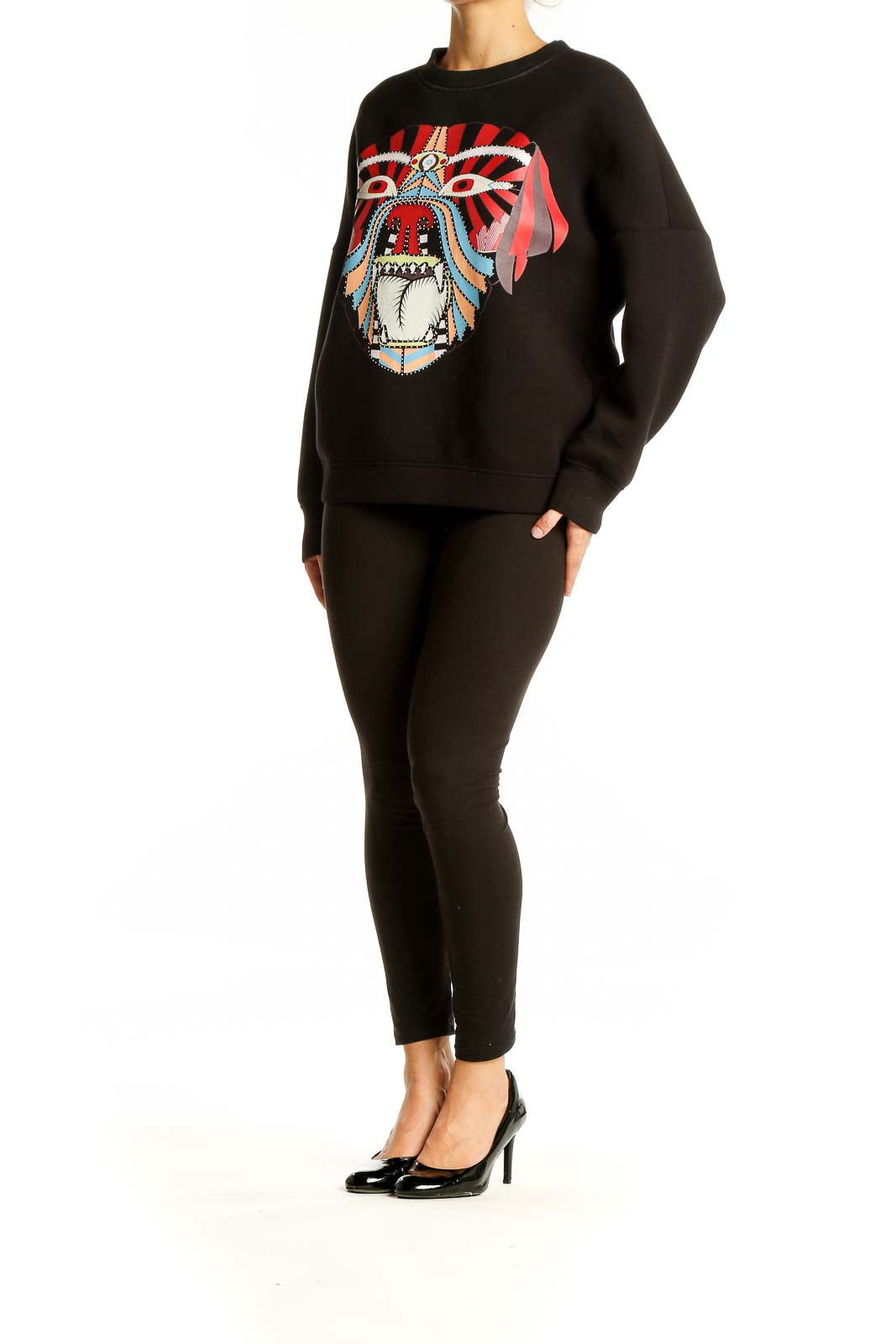 Front view of black SilkRoll sweatshirt with colorful tribal-inspired graphic print