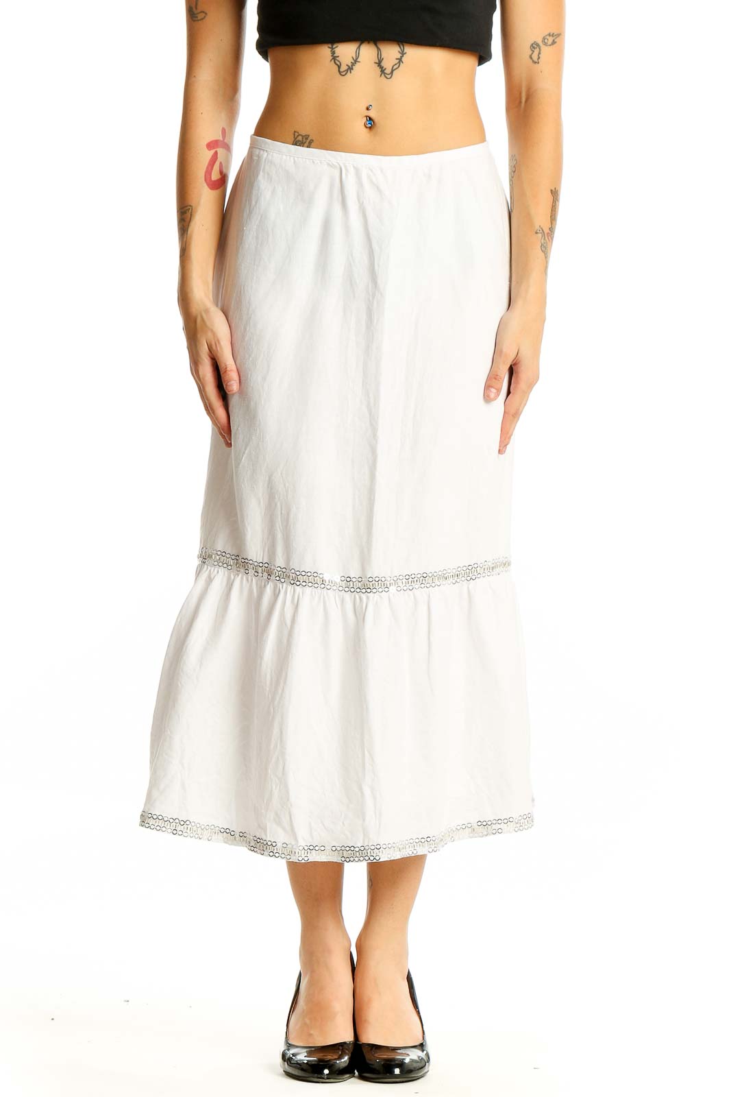 Front view of LOFT white linen tiered midi skirt with lace trim