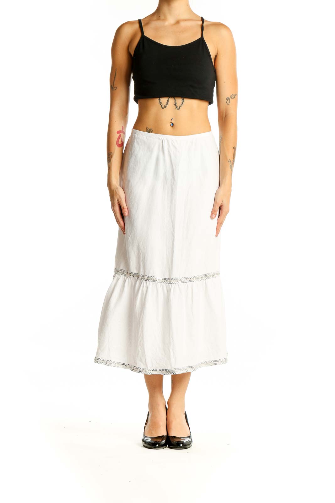 Front view of LOFT white linen tiered midi skirt with lace trim