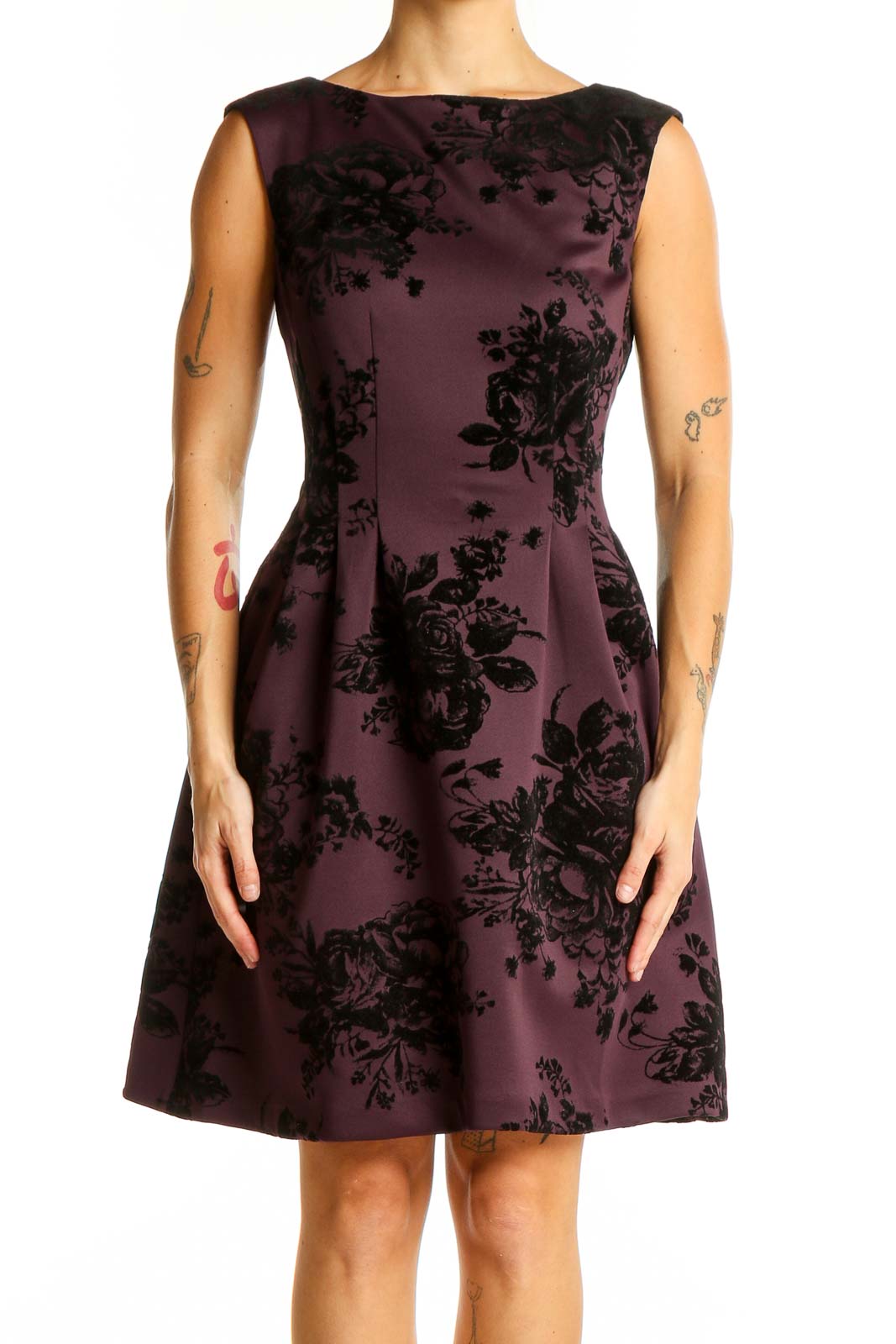 Front view of Vince Camuto plum fit-and-flare dress with black floral print