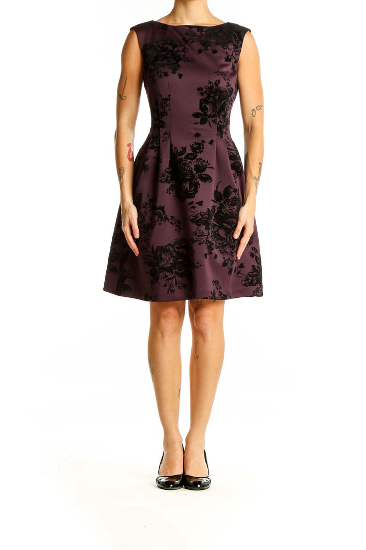 Front view of Vince Camuto plum fit-and-flare dress with black floral print