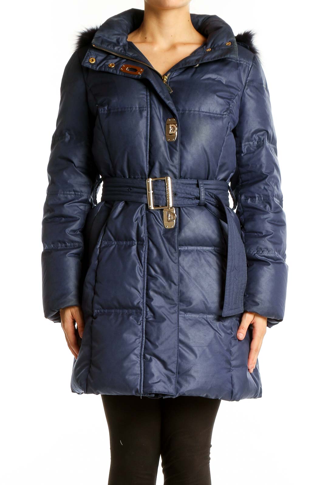 Front view of navy Scofield puffer coat with fur-trimmed hood and belt