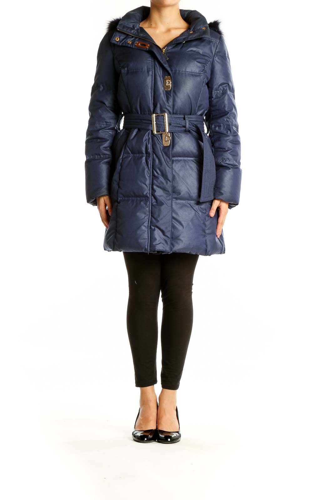 Front view of navy Scofield puffer coat with fur-trimmed hood and belt