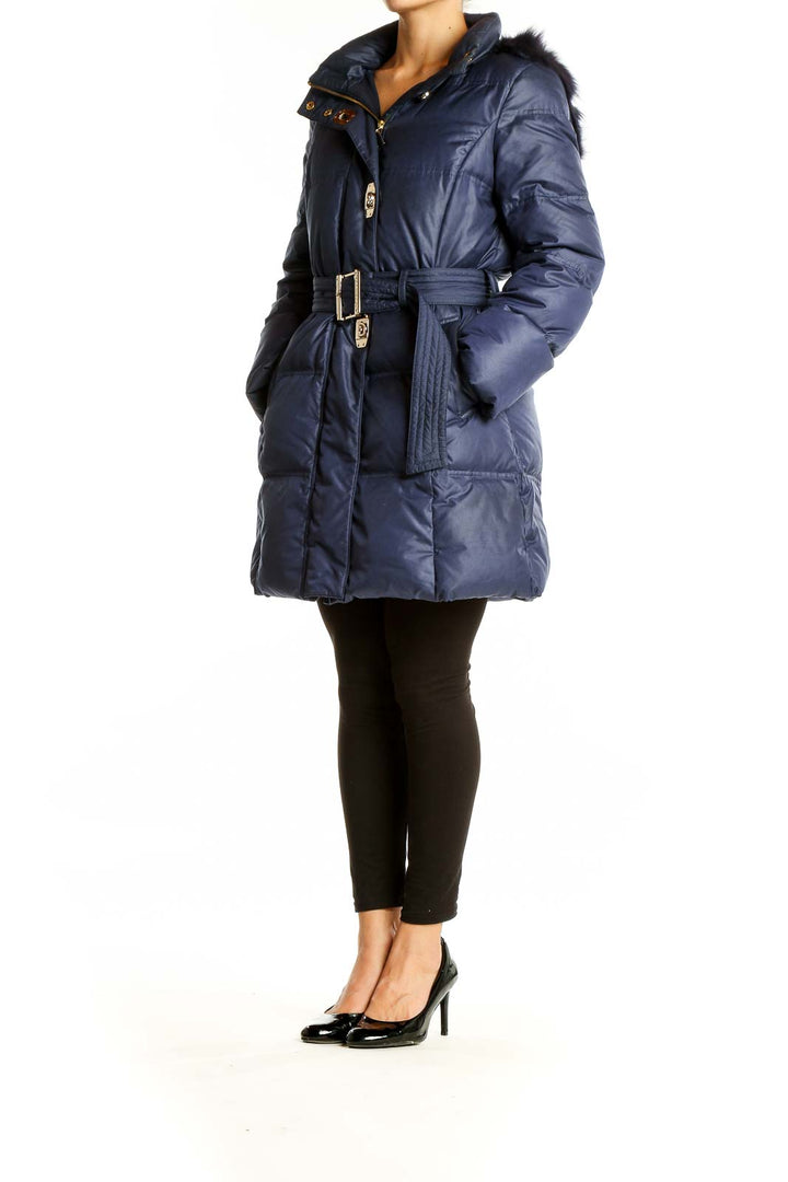 Front view of navy Scofield puffer coat with fur-trimmed hood and belt