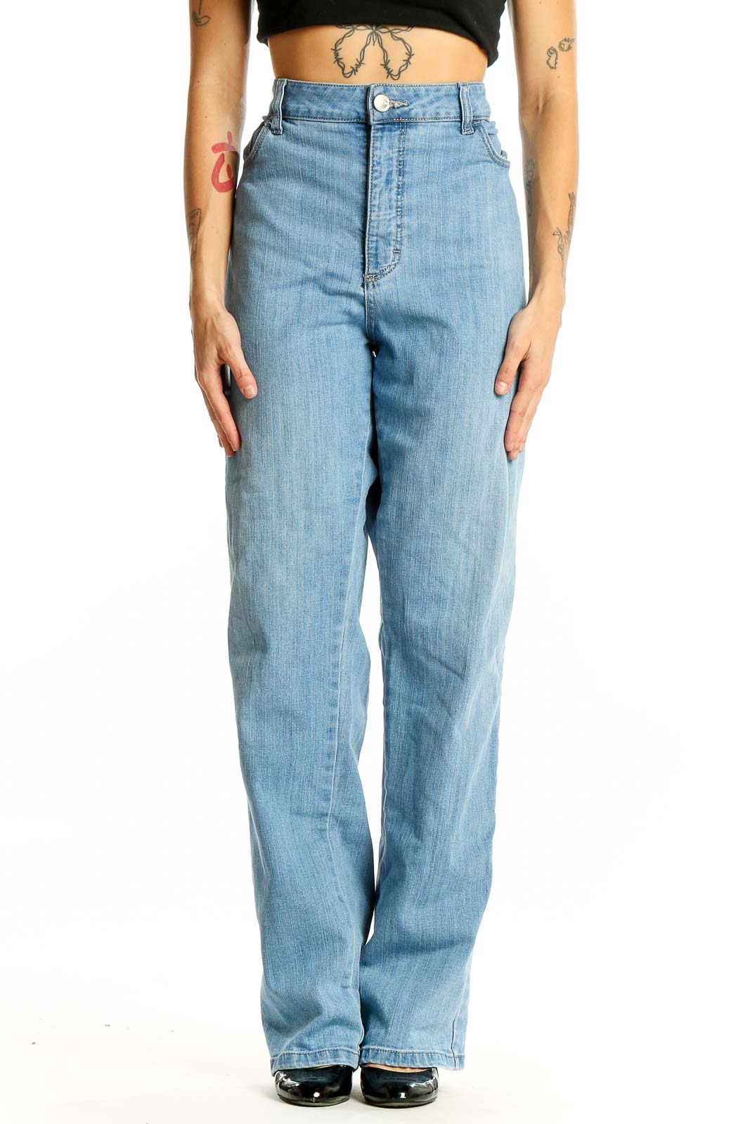 Front view of Lee light blue high-waisted wide-leg jeans on model