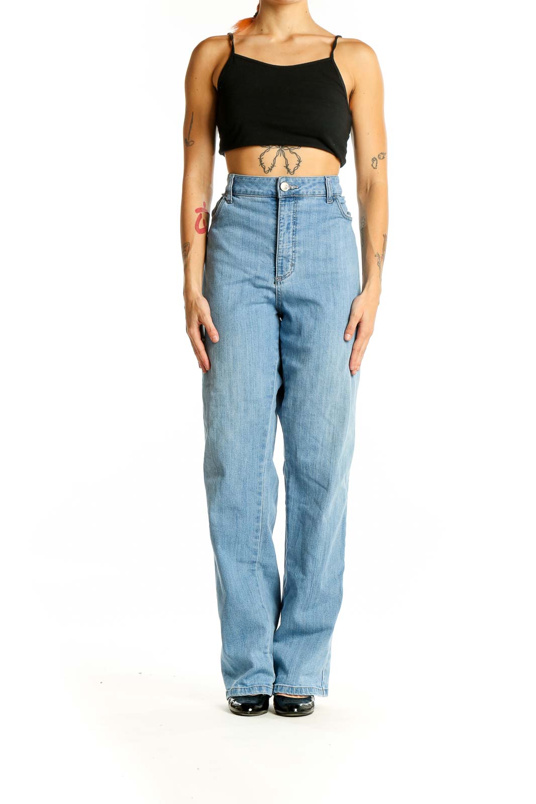 Front view of Lee light blue high-waisted wide-leg jeans on model