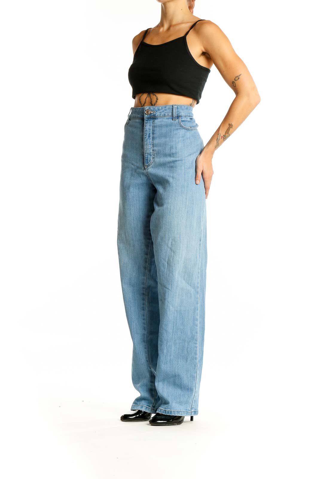 Front view of Lee light blue high-waisted wide-leg jeans on model