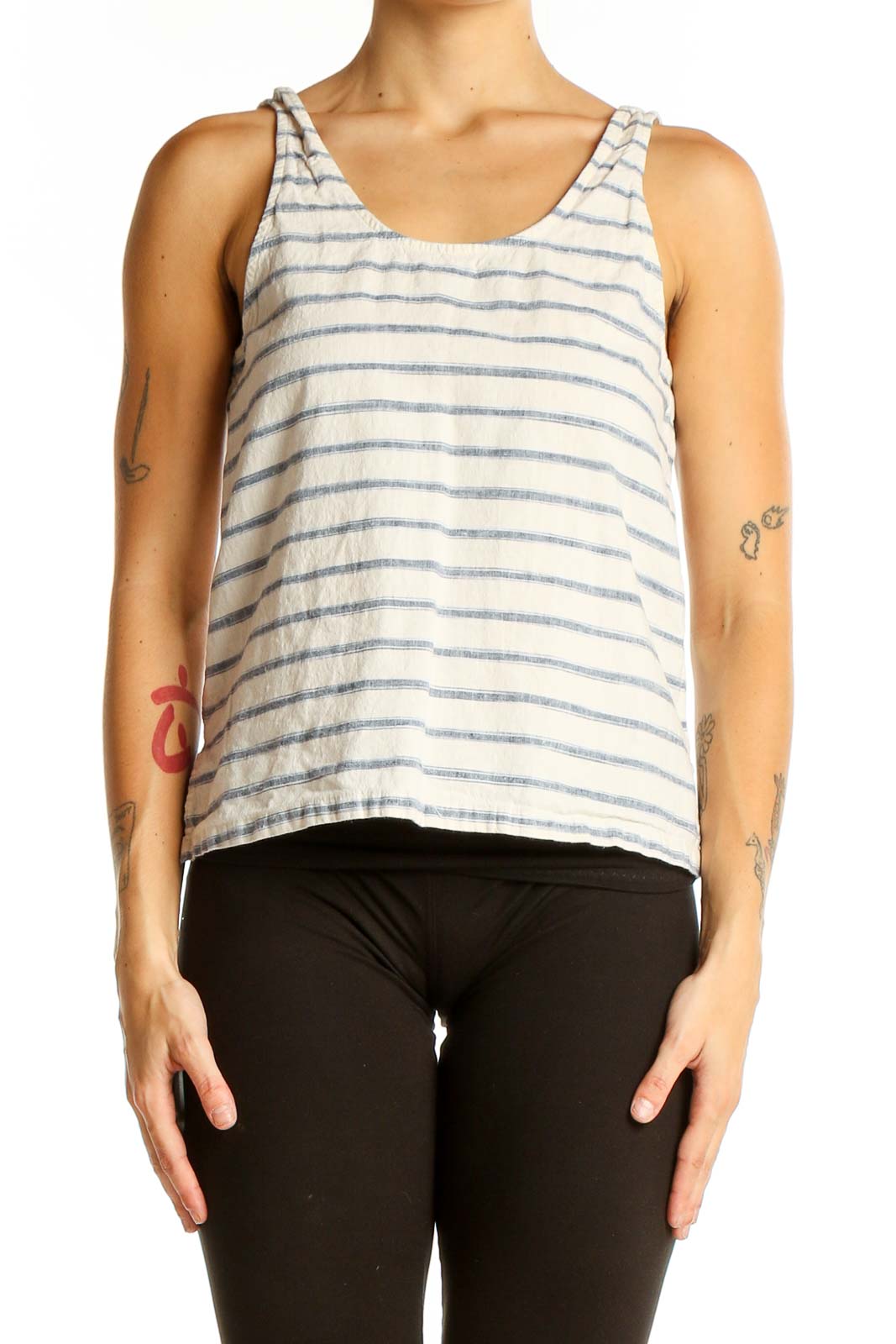 Front view of Madewell white and blue striped cotton-linen tank top