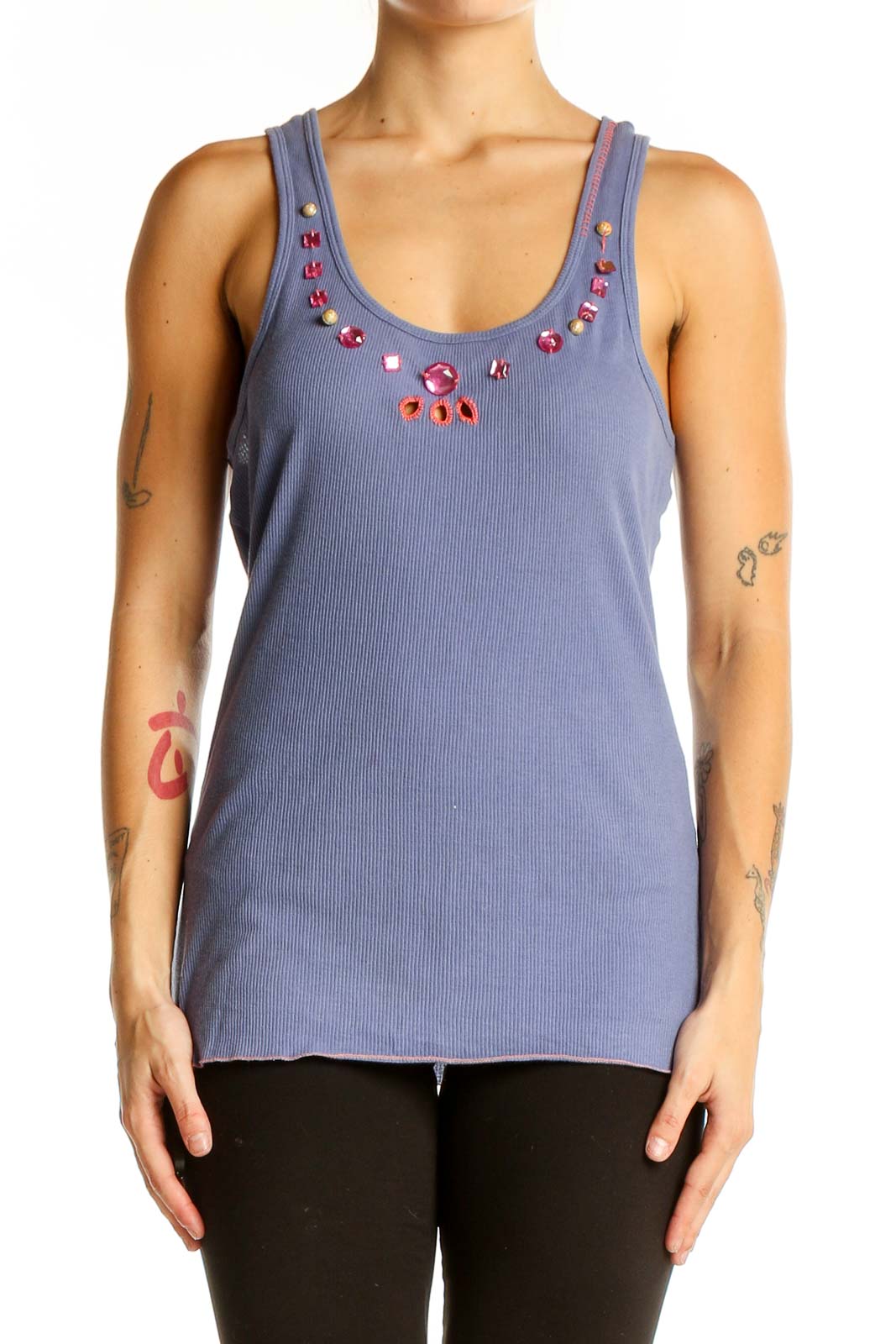 Front view of Free People lavender ribbed tank top with pink and red embellishments