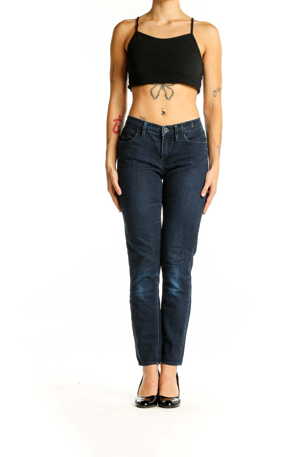 Front view of Madewell dark blue straight leg jeans on model