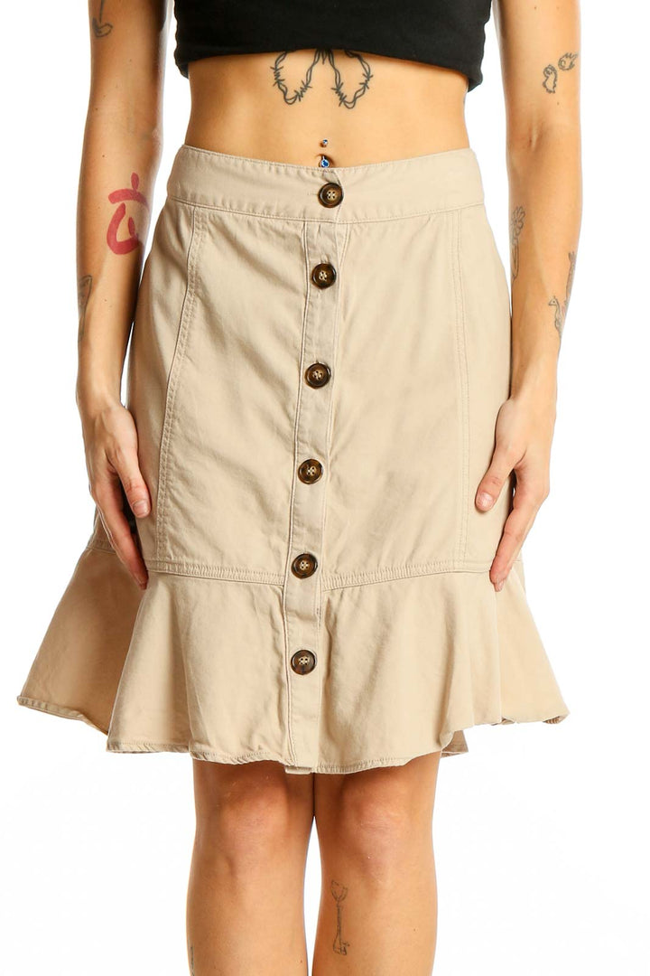 Front view of Nine West beige button-front skirt with flounce hem