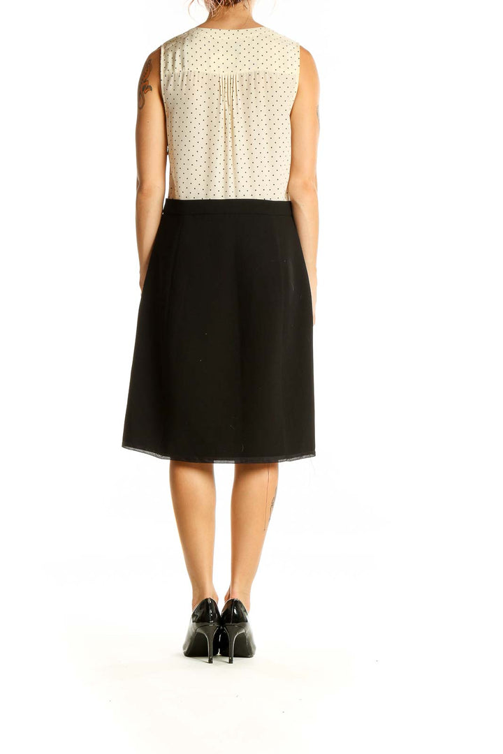 Back view of J.Crew cream polka dot sleeveless dress with black skirt