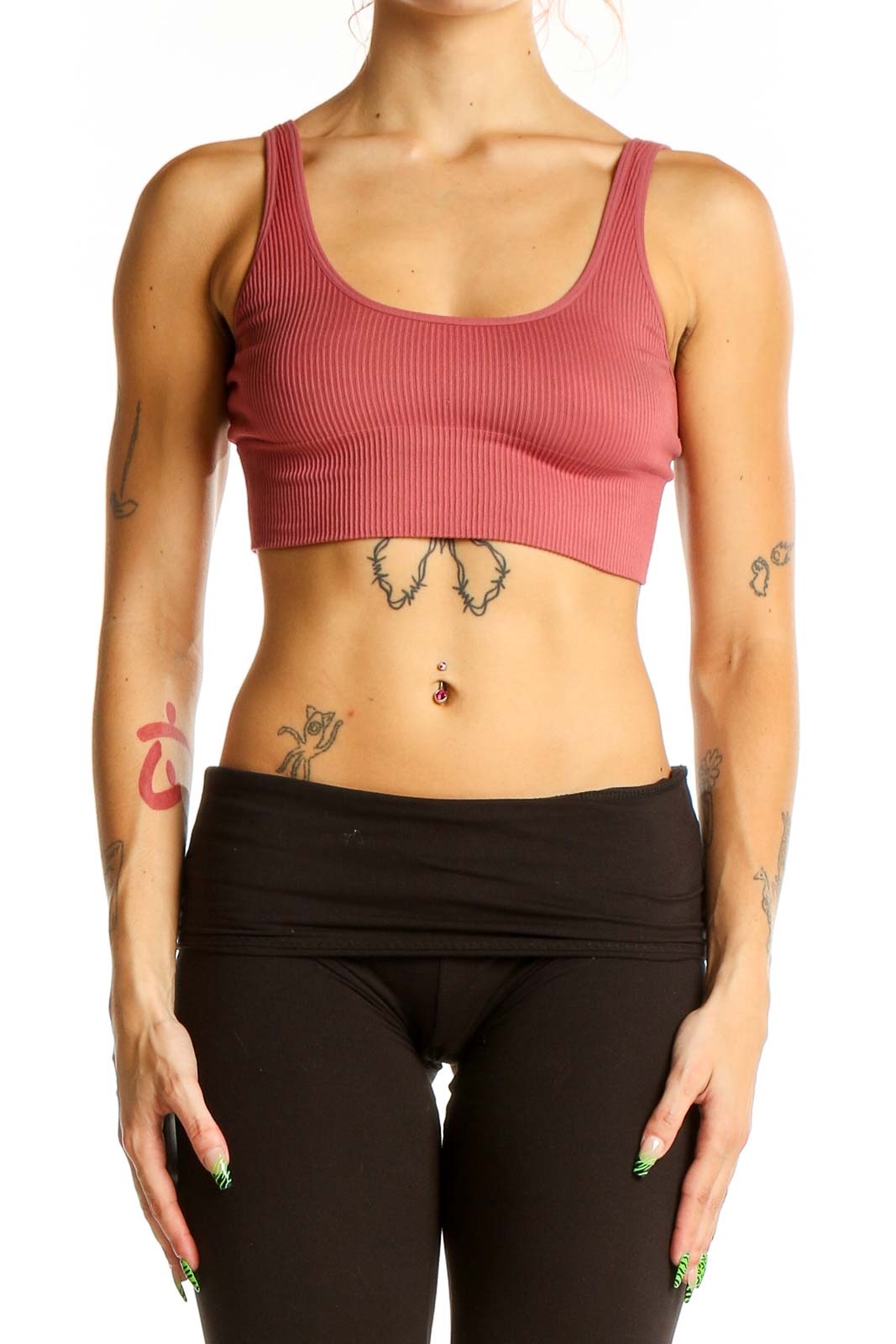 Front view of Gap Body pink ribbed crop top with scoop neckline