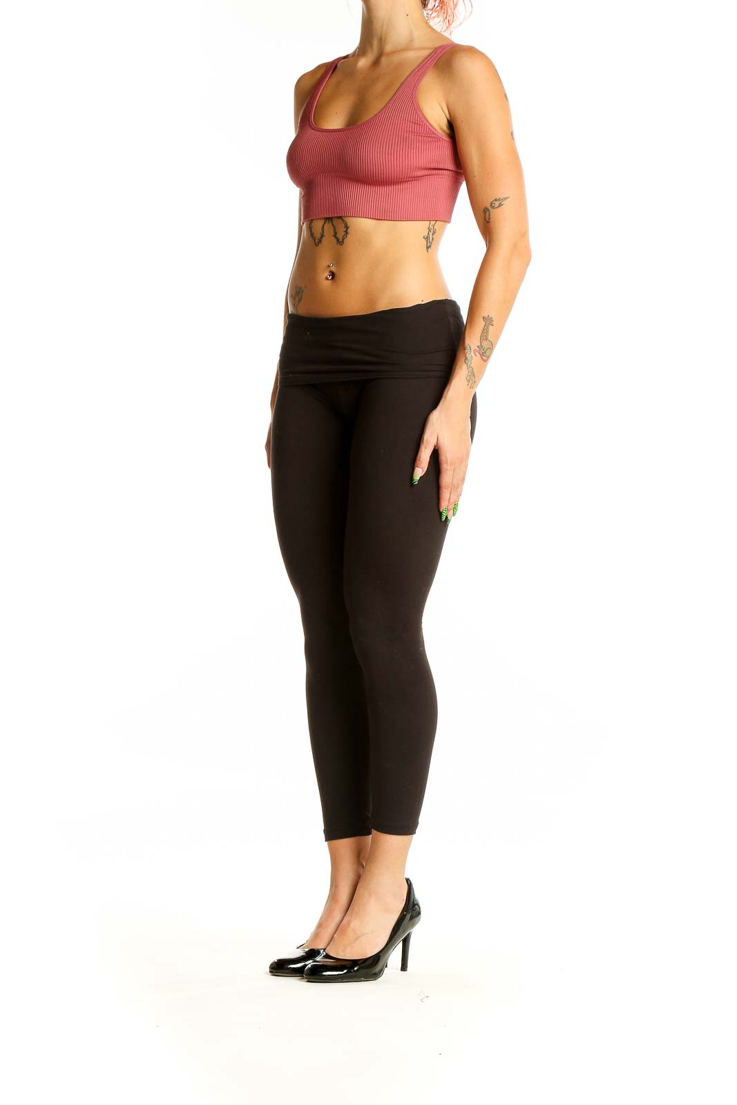 Front view of Gap Body pink ribbed crop top with scoop neckline