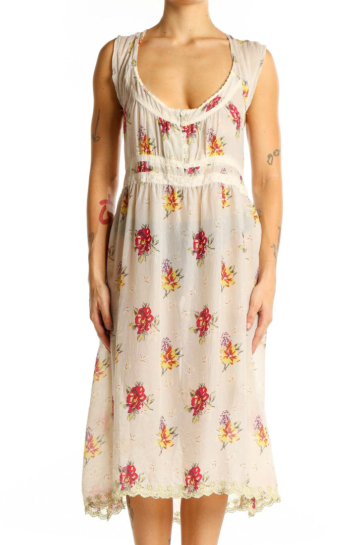 Front view of cream floral midi dress by Johnny Was with lace trim