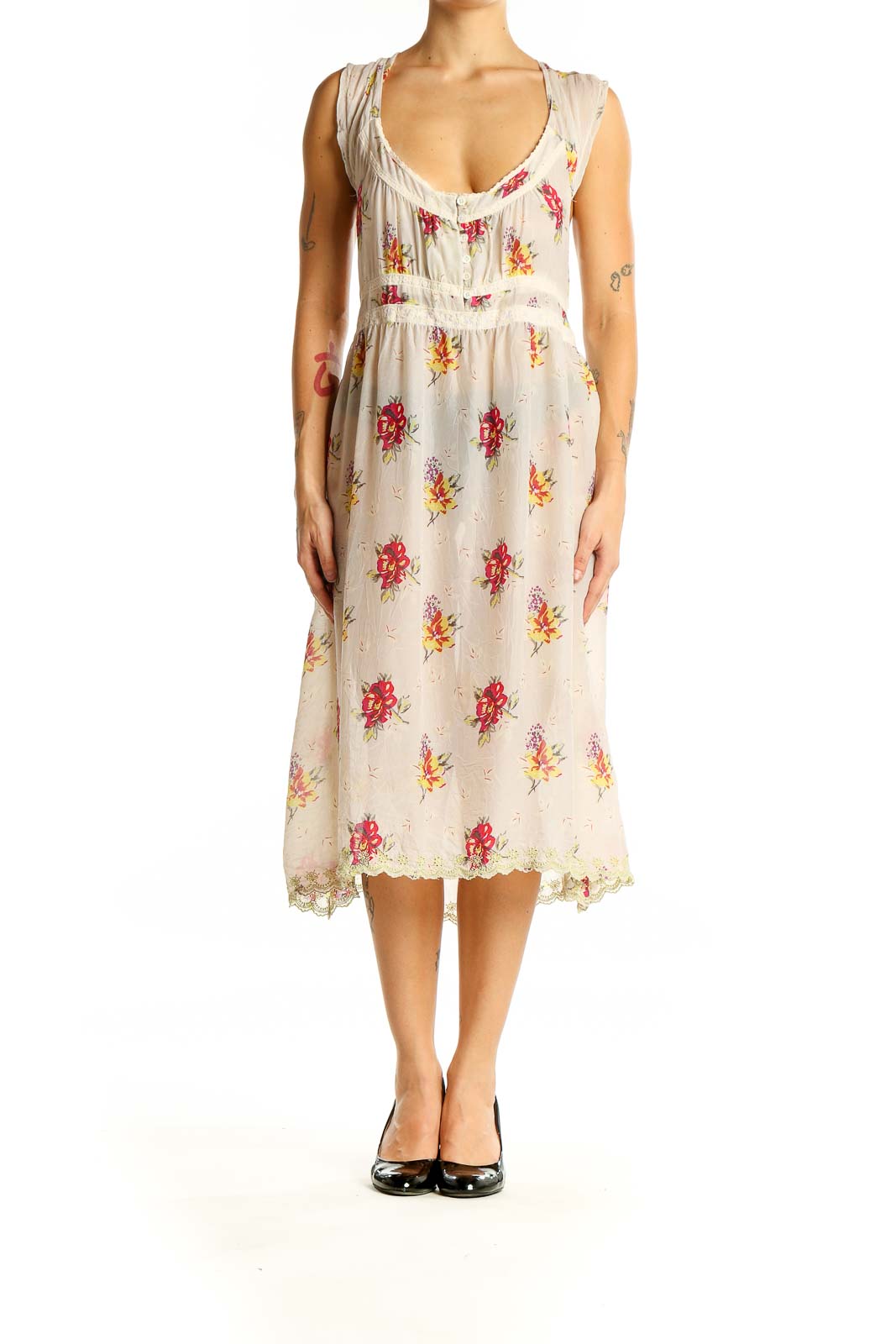 Front view of cream floral midi dress by Johnny Was with lace trim