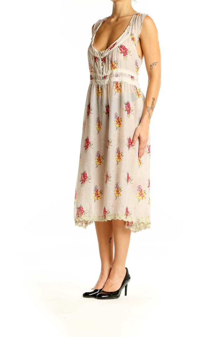 Front view of cream floral midi dress by Johnny Was with lace trim