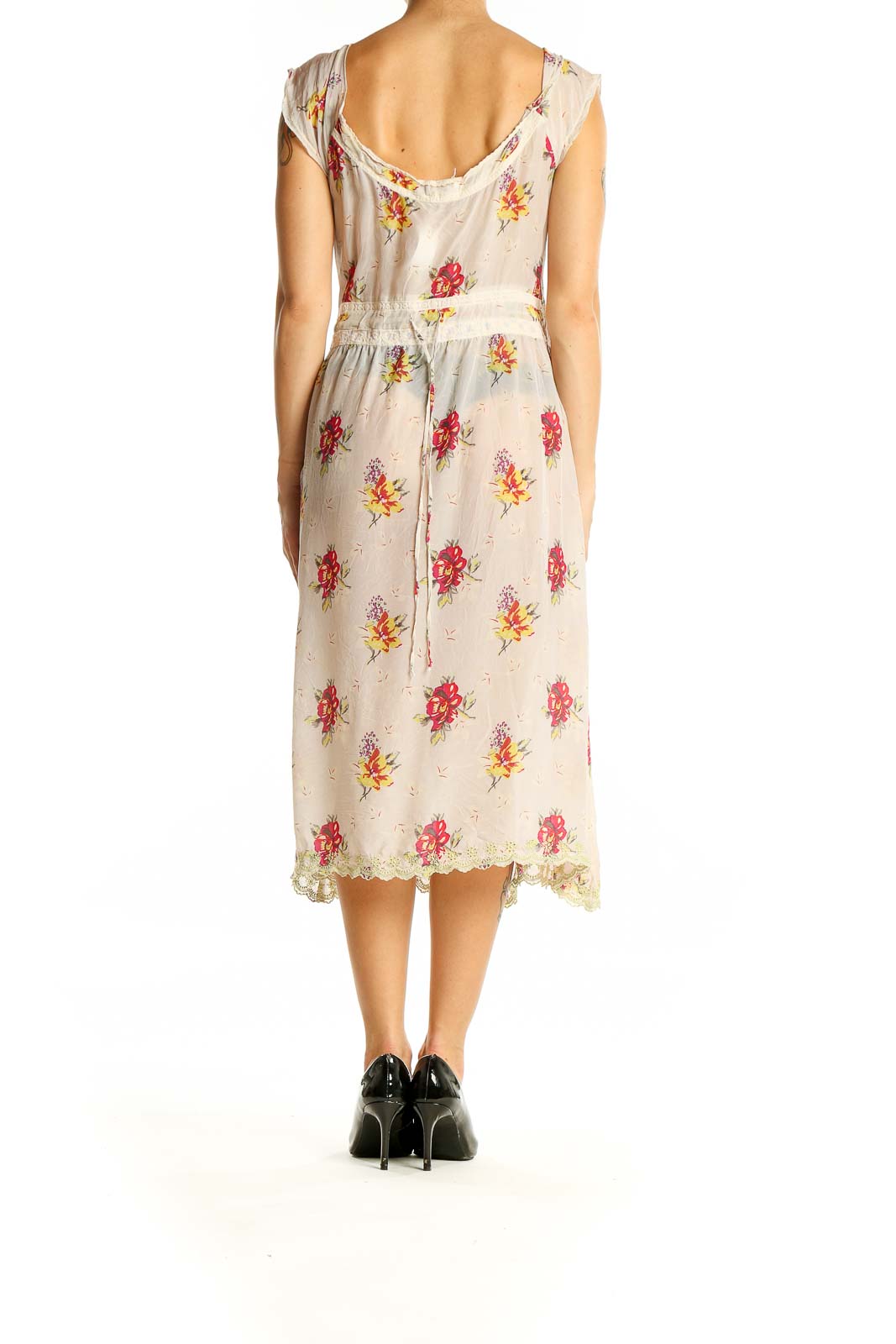 Back view of cream floral midi dress by Johnny Was showing scoop neckline