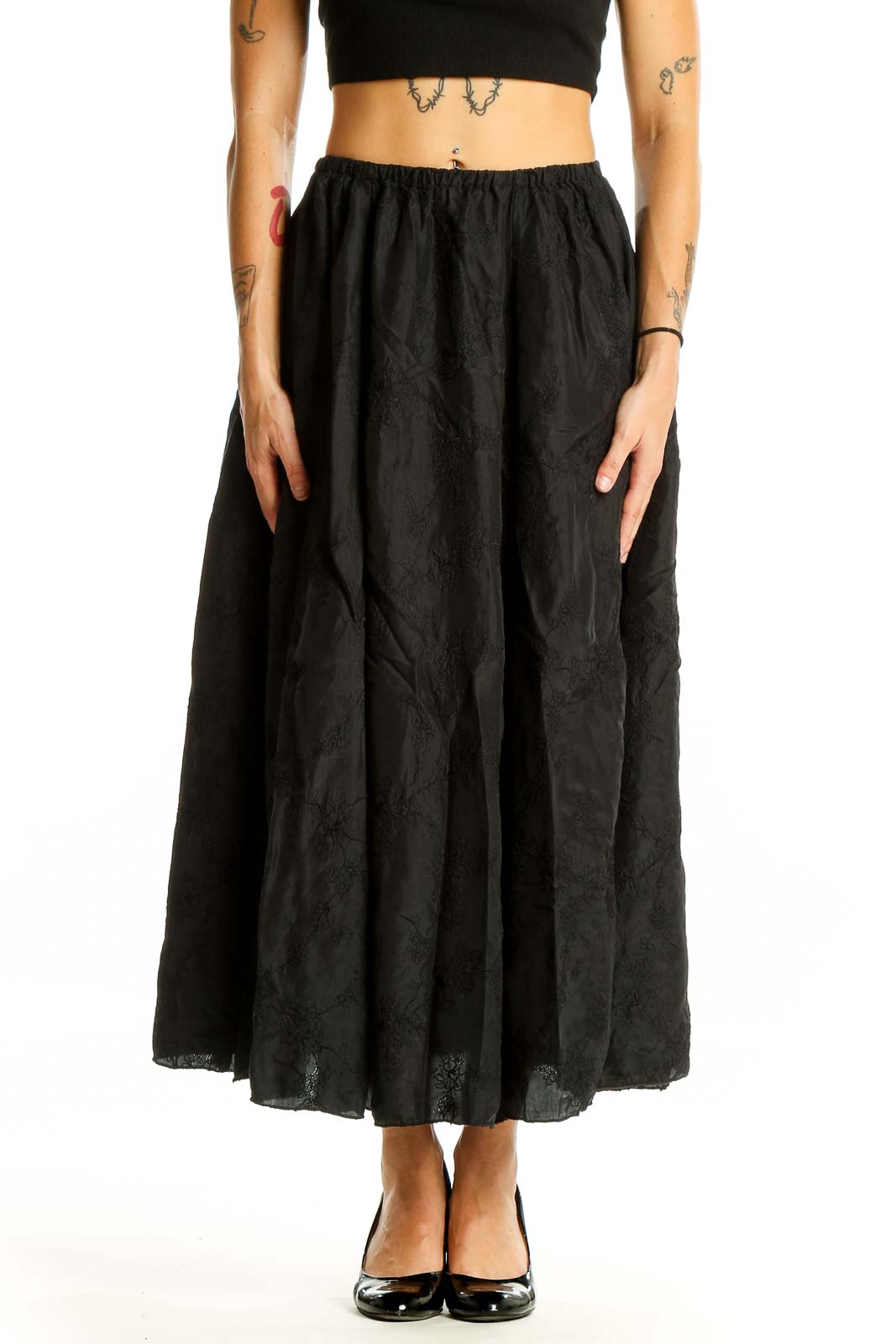 Front view of black cotton maxi skirt by Free People x CP SHADES