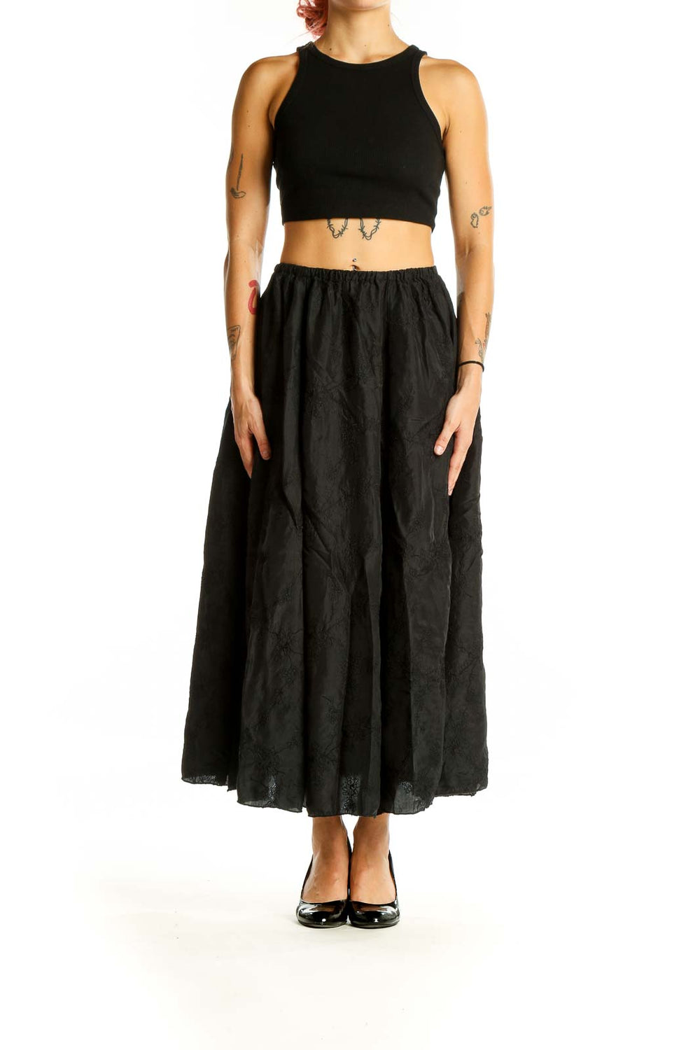 Front view of black cotton maxi skirt by Free People x CP SHADES