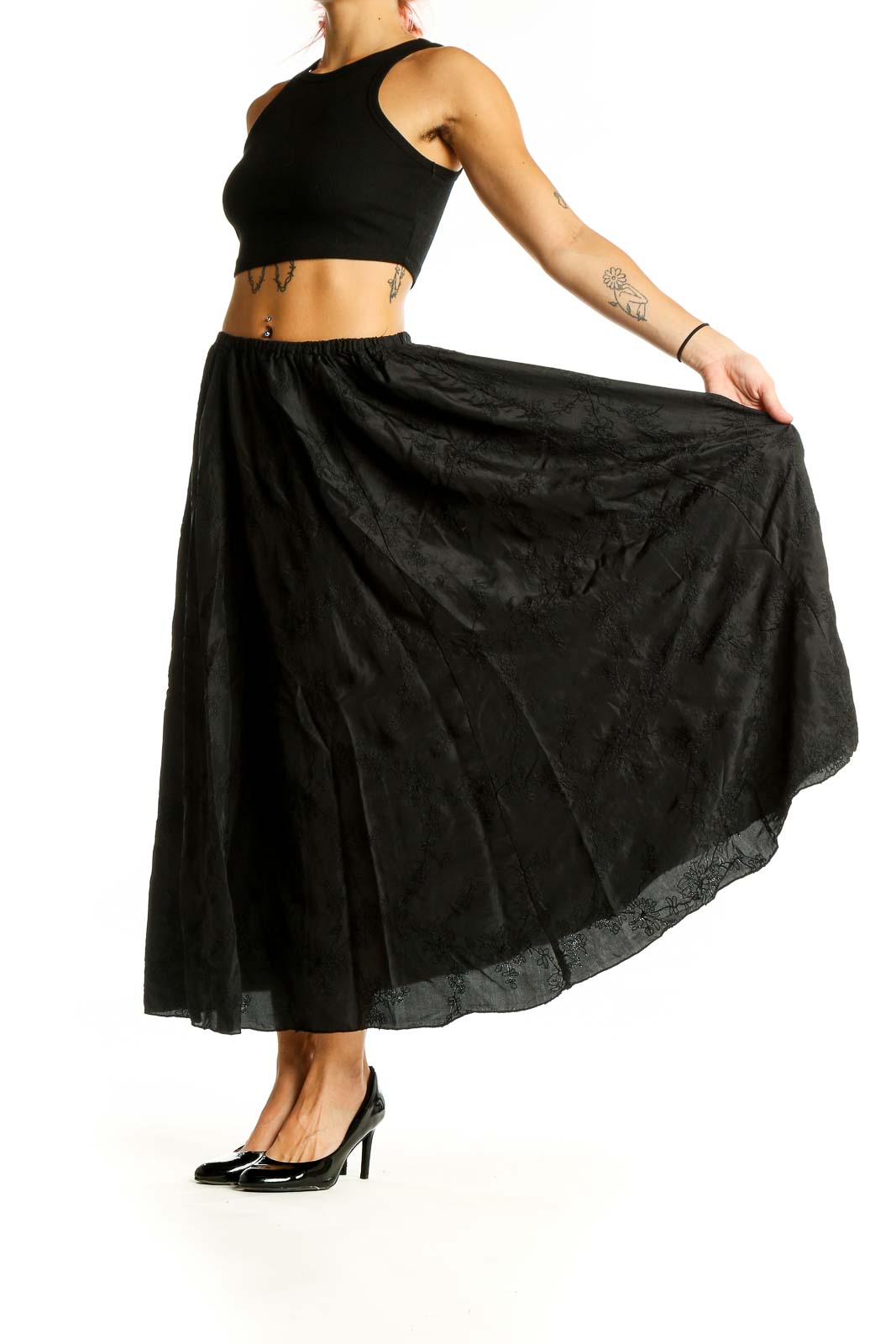 Front view of black cotton maxi skirt by Free People x CP SHADES