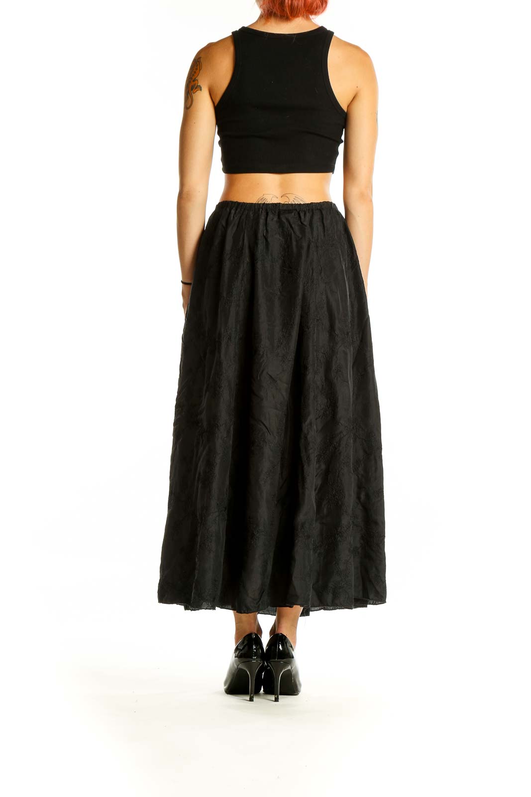 Back view of black cotton maxi skirt by Free People x CP SHADES