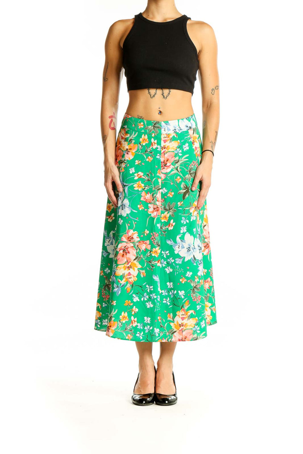 Front view of LOFT green floral midi skirt with A-line silhouette