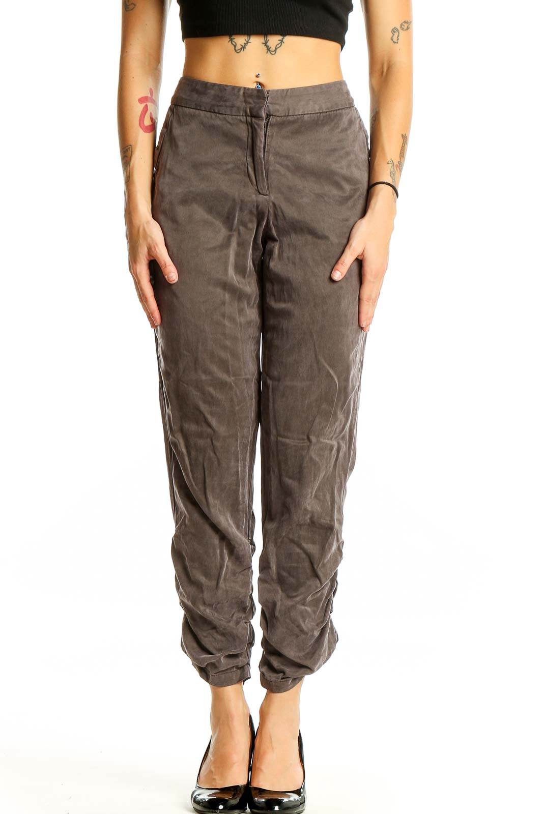 Front view of taupe relaxed fit jogger pants by Daughters of the Liberation