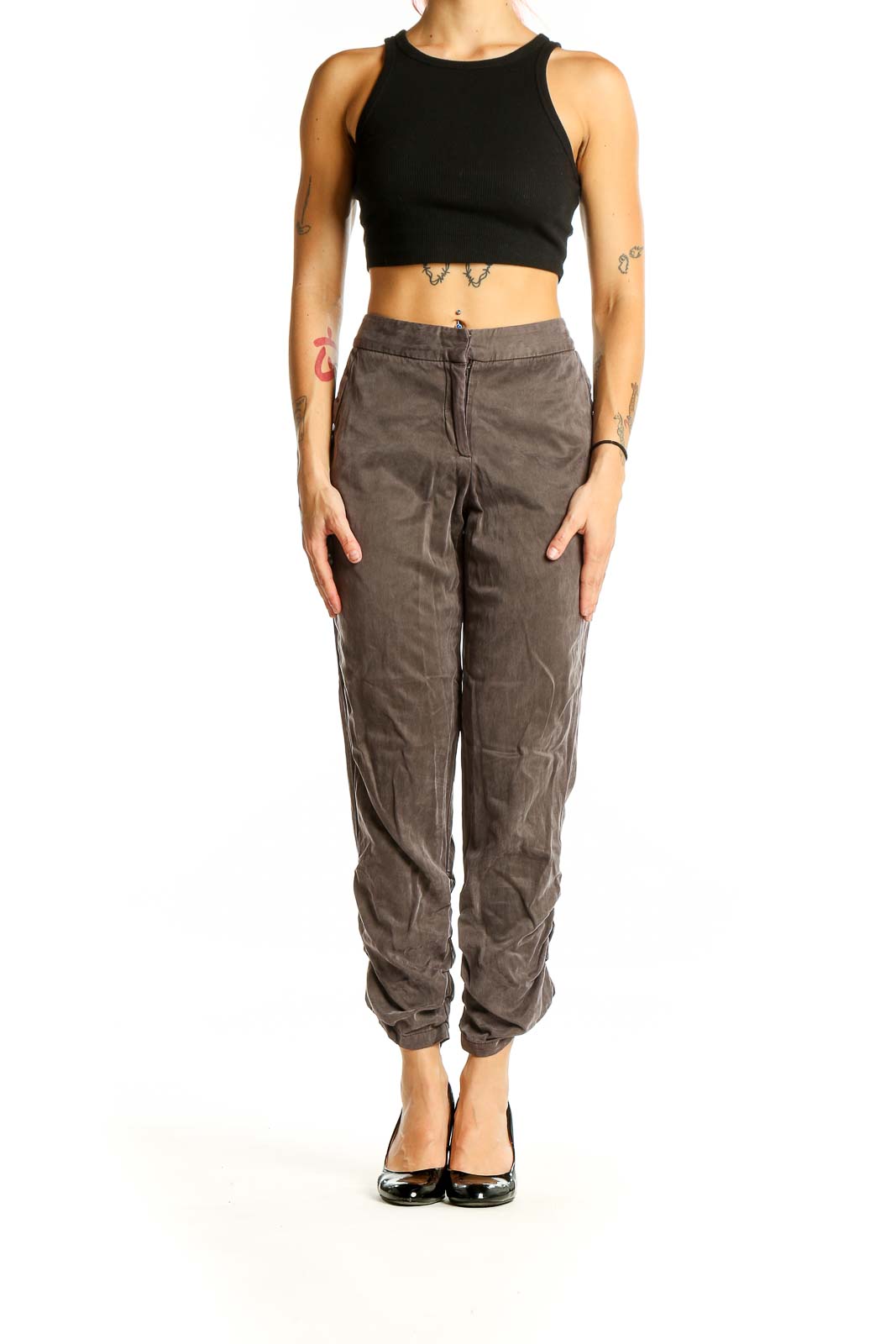 Front view of taupe relaxed fit jogger pants by Daughters of the Liberation