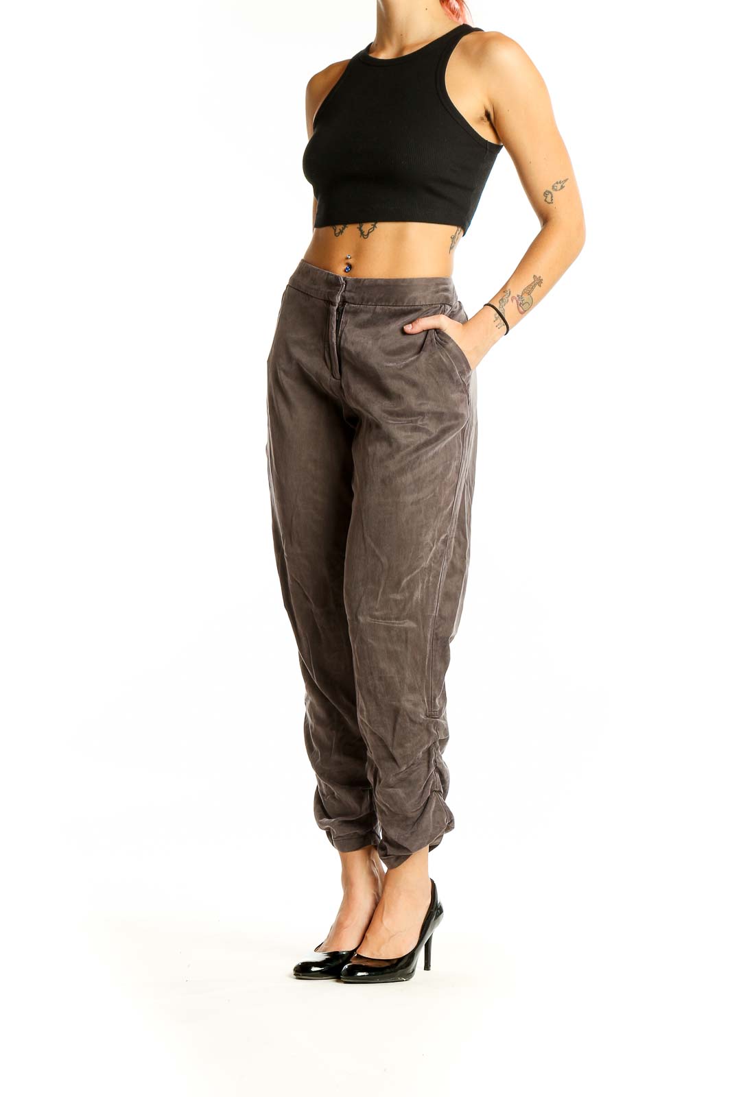 Front view of taupe relaxed fit jogger pants by Daughters of the Liberation