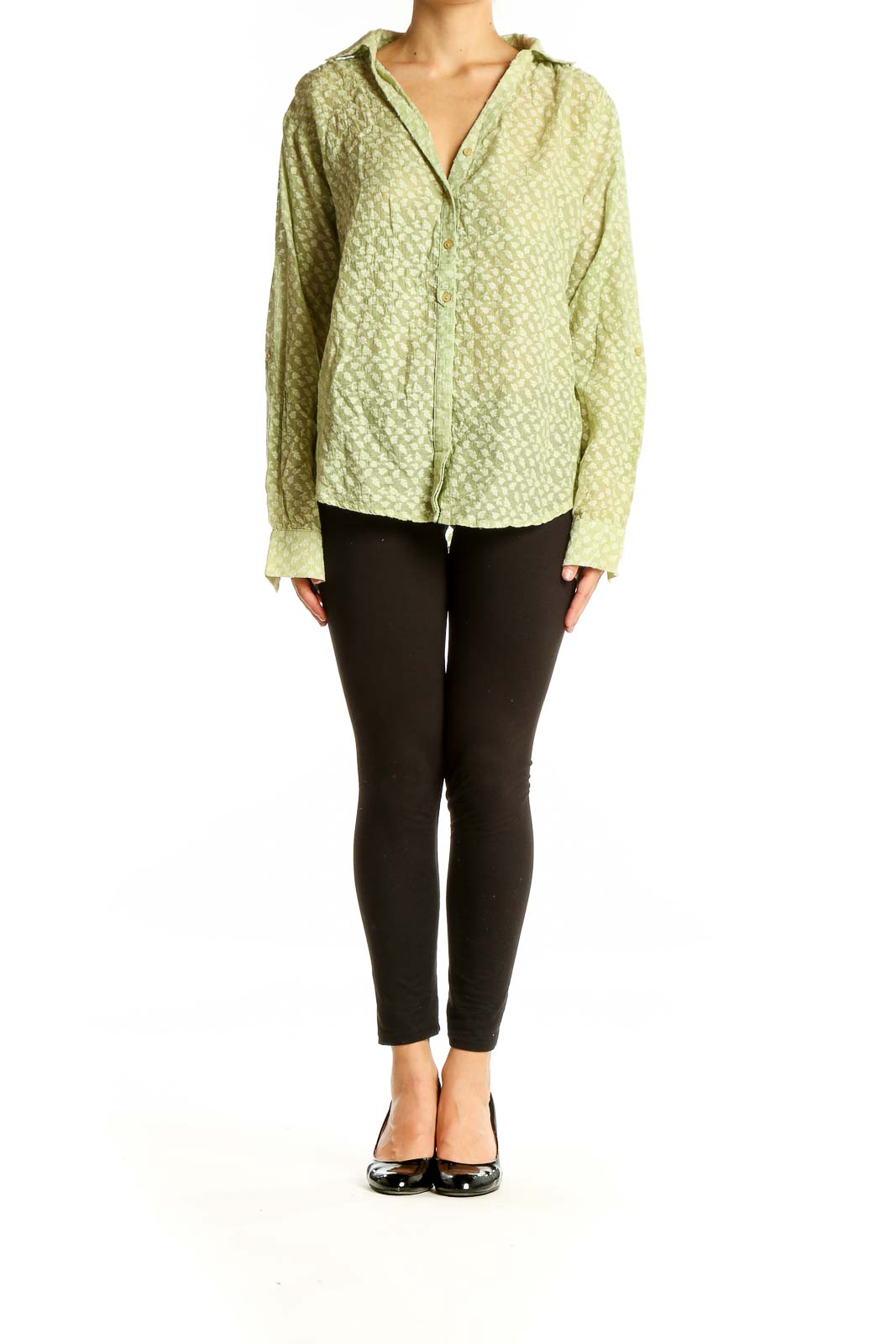 Front view of Sundance sage green textured button-down blouse