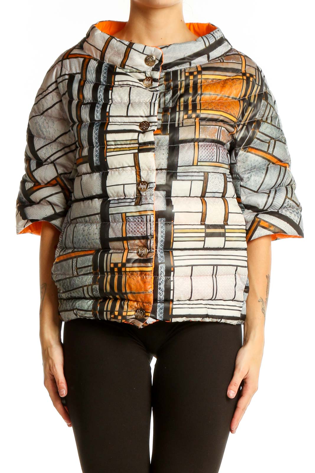 Front view of J.Jill geometric print cropped jacket with button-up front