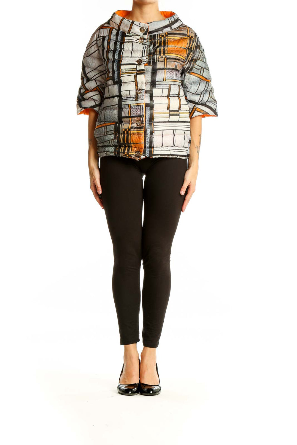 Front view of J.Jill geometric print cropped jacket with button-up front