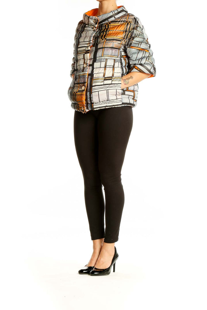 Front view of J.Jill geometric print cropped jacket with button-up front