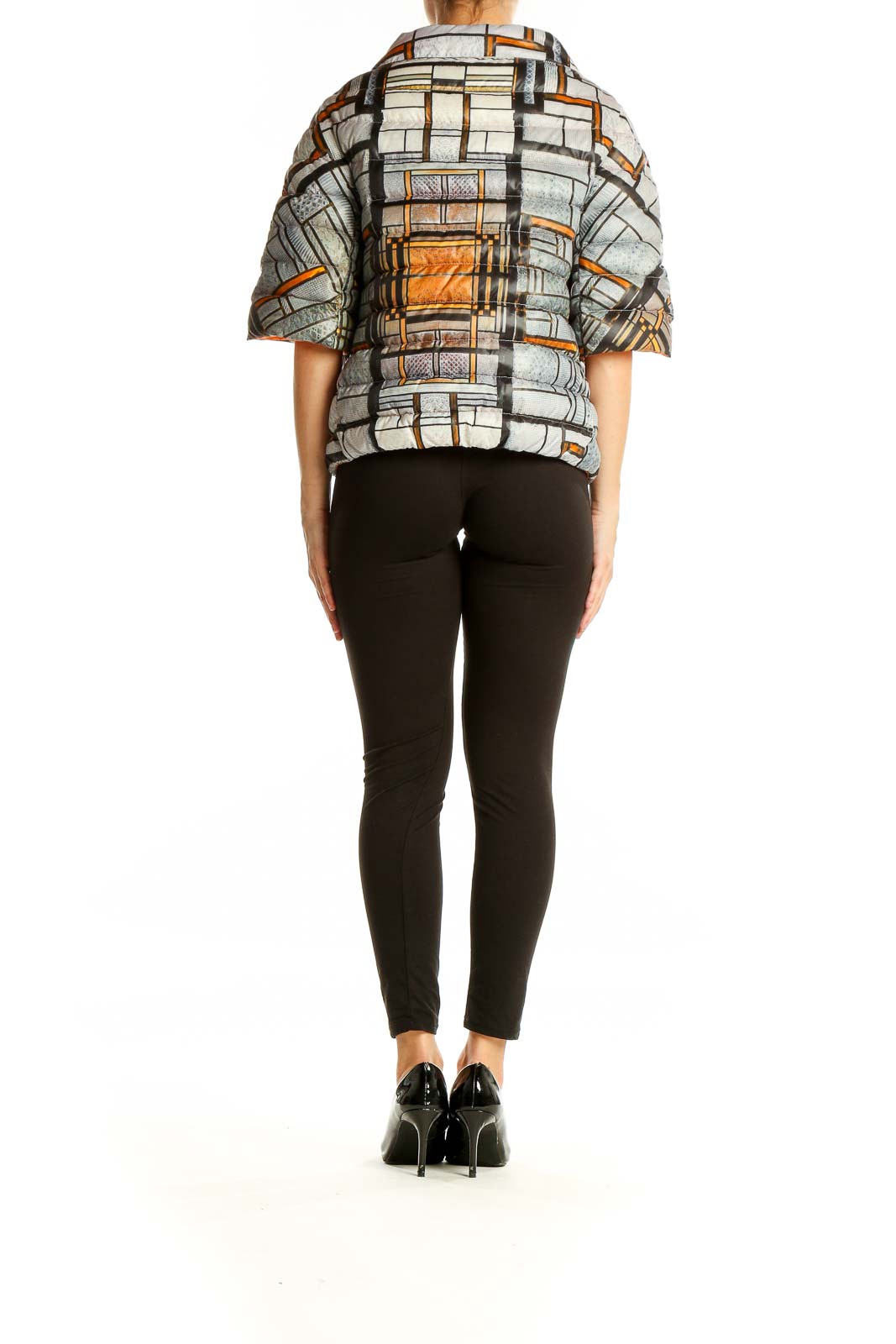 Back view of J.Jill geometric print cropped jacket showing full pattern