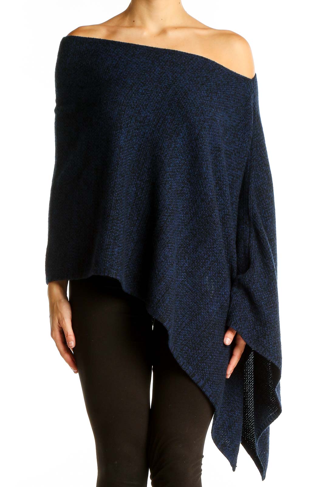 Front view of Magaschoni New York navy blue off-shoulder knit poncho with asymmetric hem