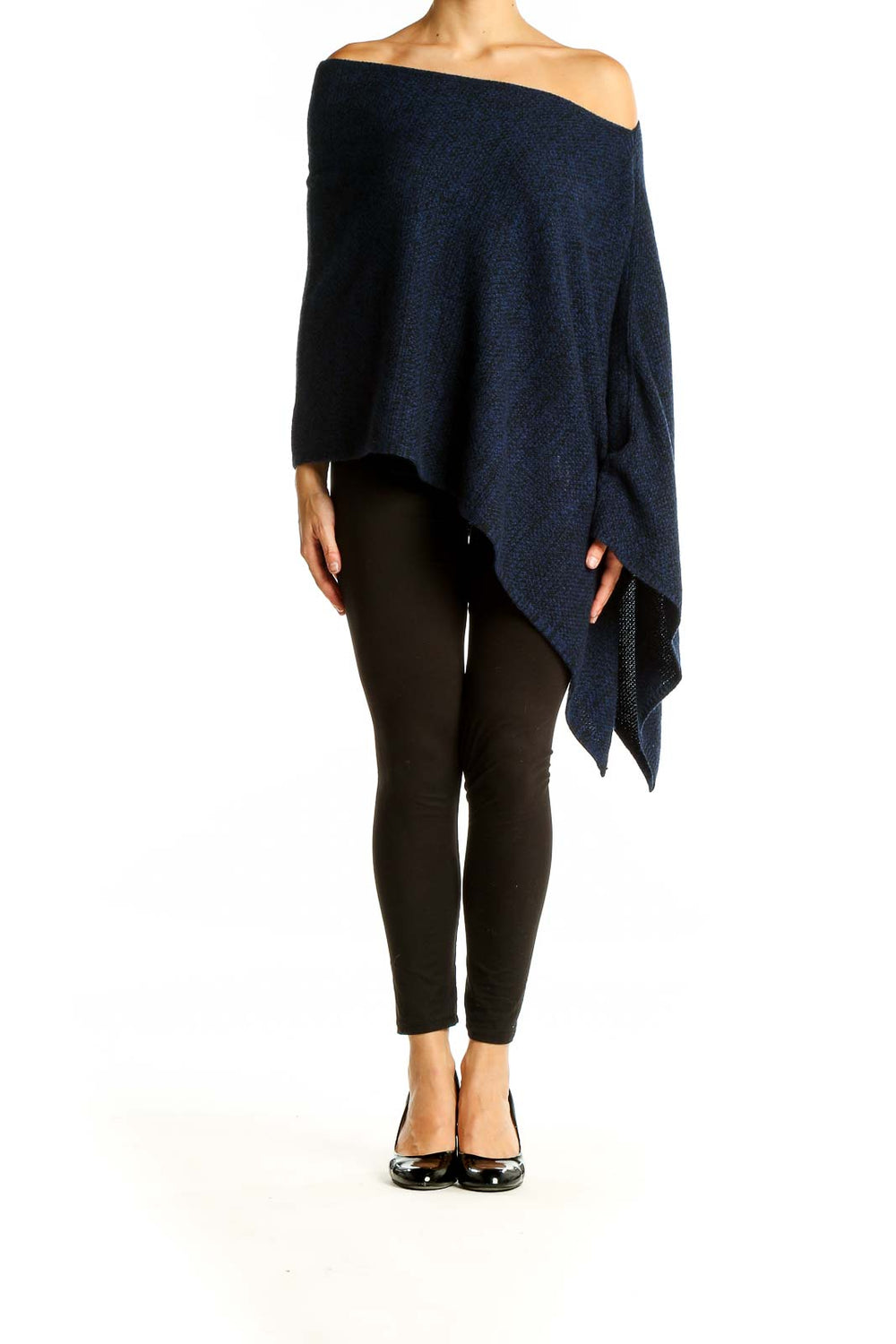 Front view of Magaschoni New York navy blue off-shoulder knit poncho with asymmetric hem