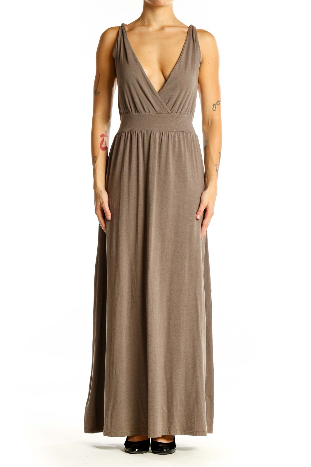 Front view of Garnet Hill taupe V-neck sleeveless maxi dress