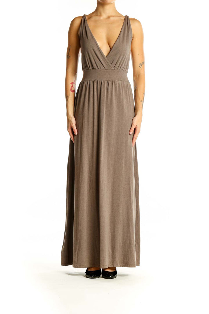 Front view of Garnet Hill taupe V-neck sleeveless maxi dress