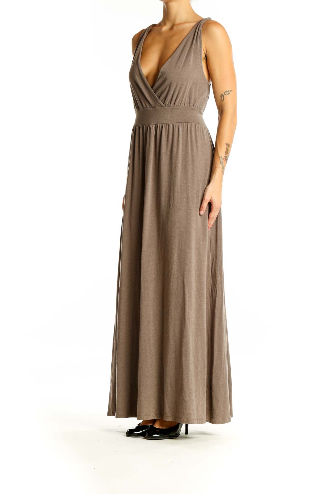 Front view of Garnet Hill taupe V-neck sleeveless maxi dress