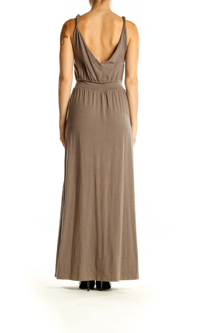 Back view of Garnet Hill taupe V-neck sleeveless maxi dress with low back