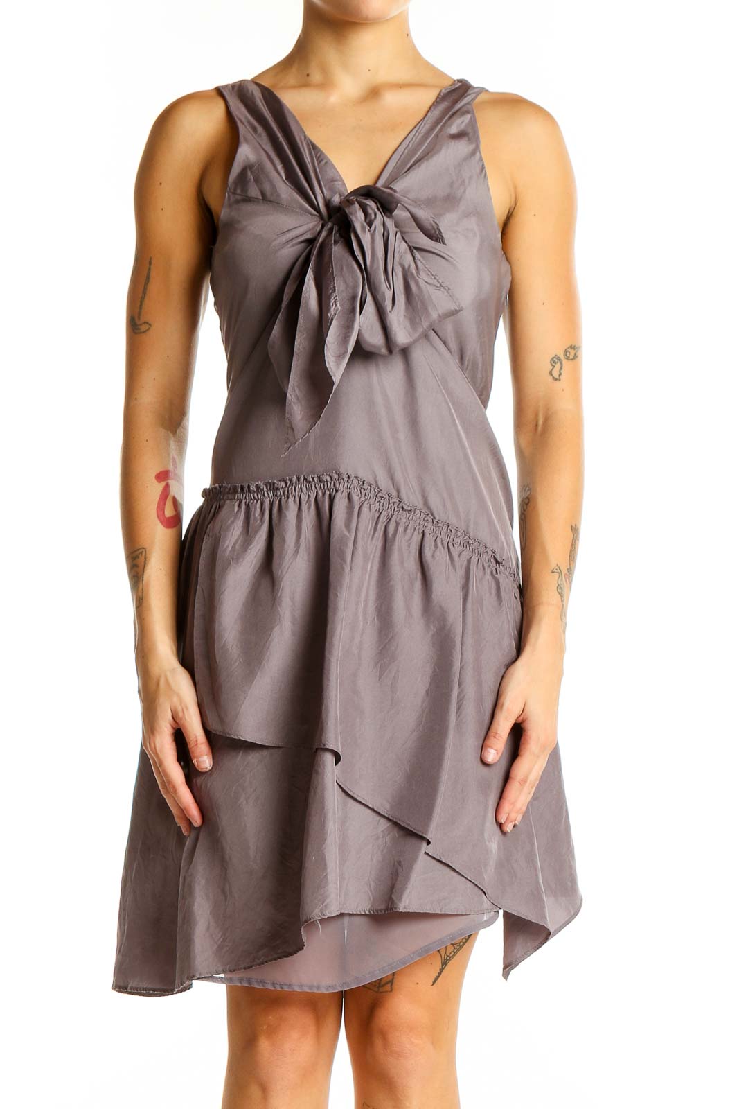 Front view of J.Crew taupe silk cocktail dress with bow-front detail