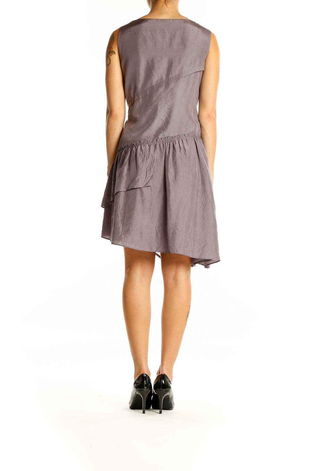 Back view of J.Crew taupe silk cocktail dress with asymmetrical ruffle hemline