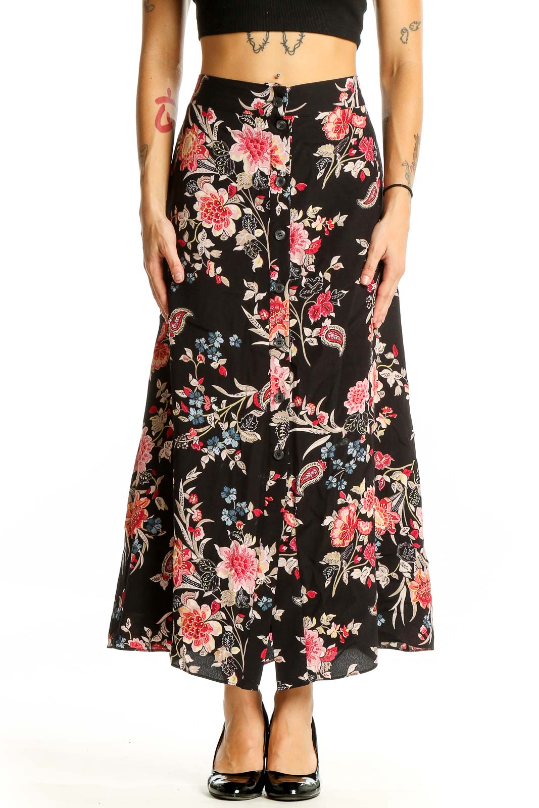 Front view of LOFT black floral maxi skirt with pink and red flowers