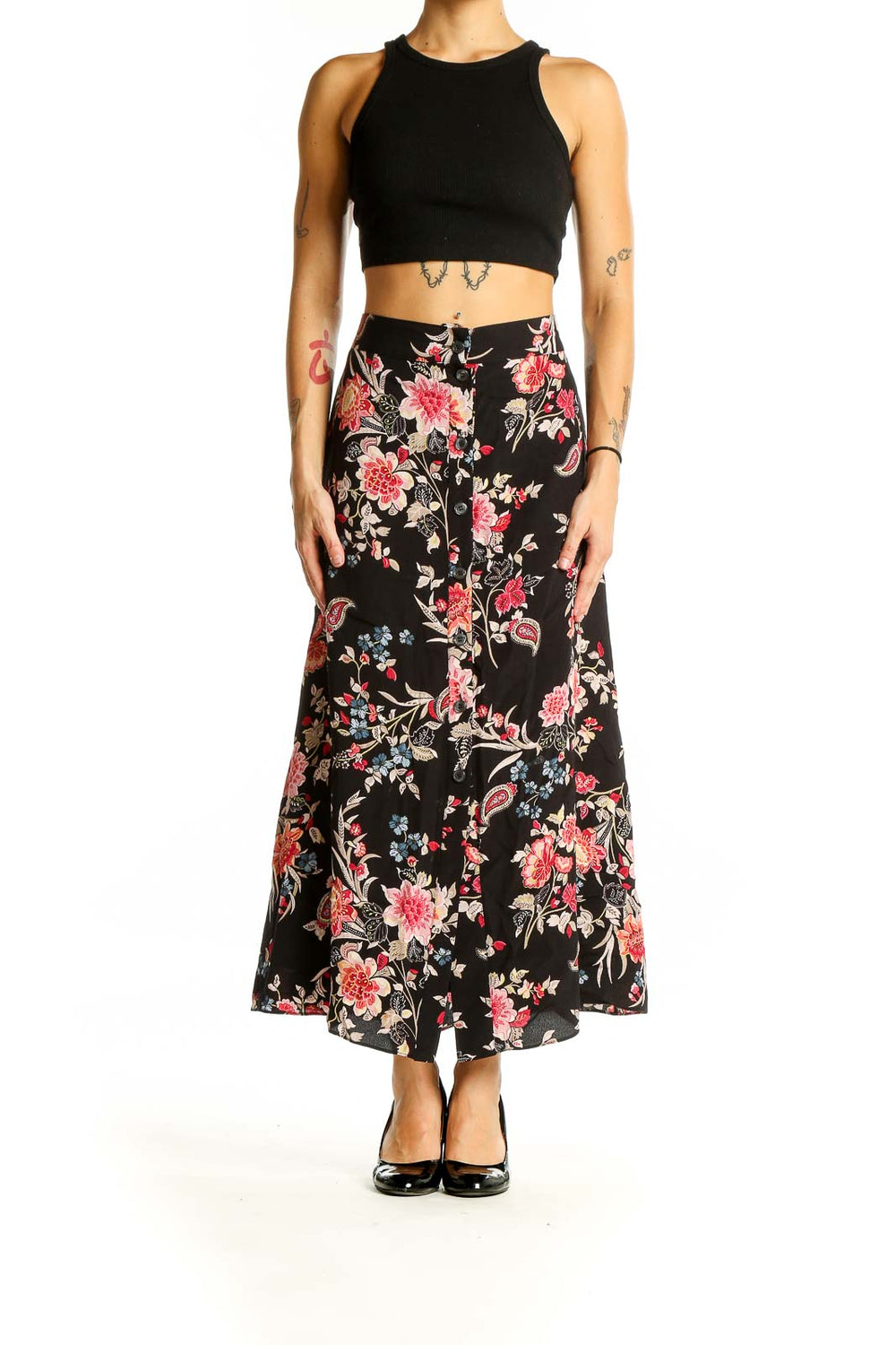 Front view of LOFT black floral maxi skirt with pink and red flowers